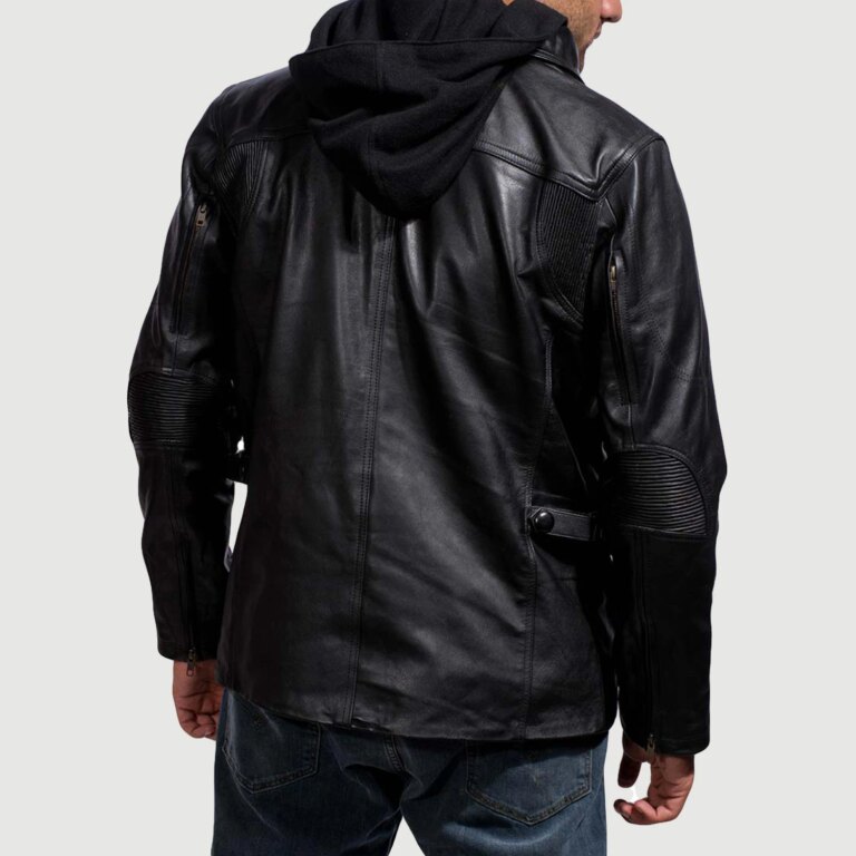 Mens Moulder Hooded Black Leather Jacket Tilted Back-8-1718119434761